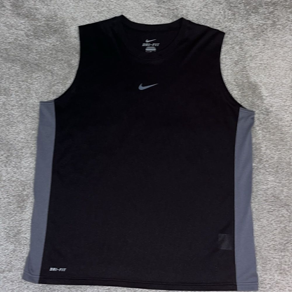 Black Gray Nike Dri-Fit gym work out training running sleeveless tank t shirt L